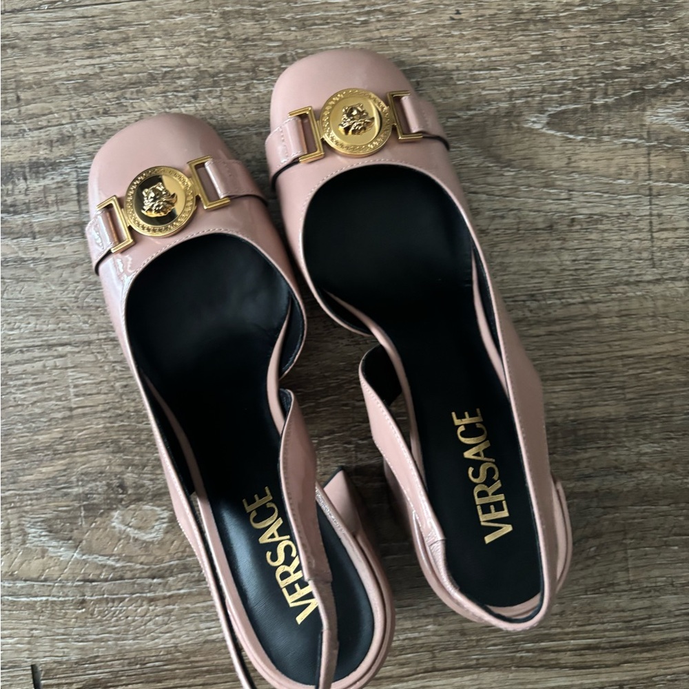 Versace Pink and Gold Heels with Medusa Detail